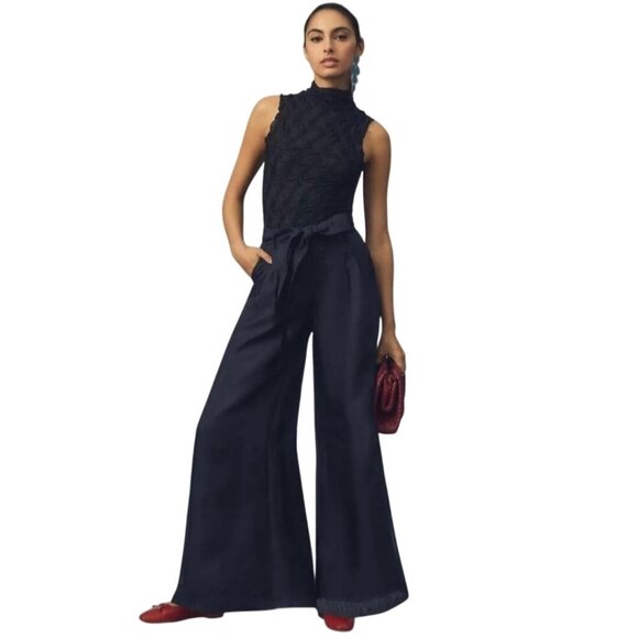 By Anthropologie NWT Silk Organza Wide Leg Pants Black Flowy Pockets Size 10 - Picture 1 of 14